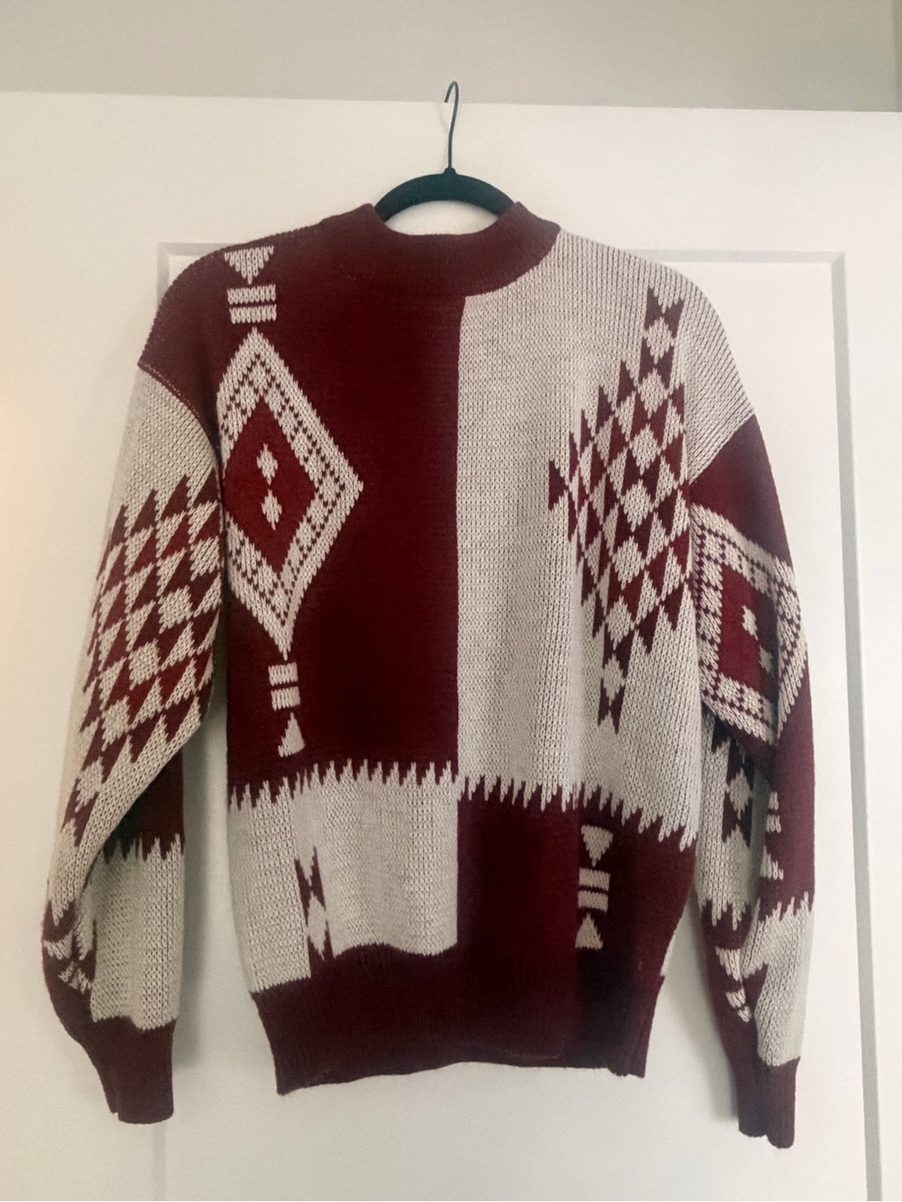 Vittorio Burgundy and Cream Geometric Crewneck Sweater
